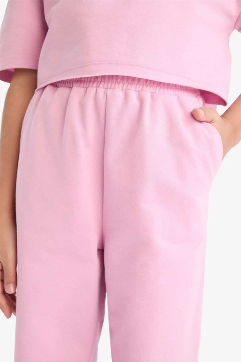 Kız Çocuk - Genç Kız Pembe 2'li Takım Baskılı Kısa Kollu Tişört Beli Lastikli Eşofman Altı Kız Çocuk