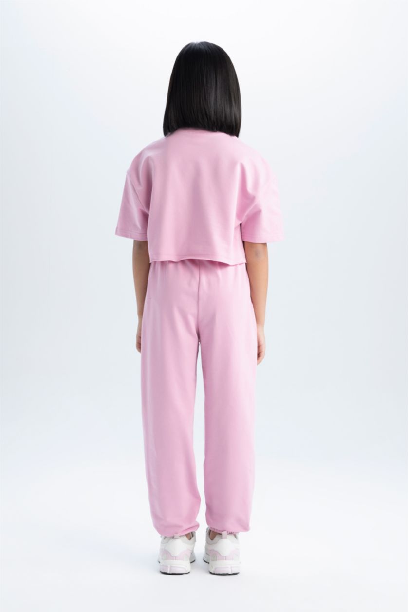 Kız Çocuk - Genç Kız Pembe 2'li Takım Baskılı Kısa Kollu Tişört Beli Lastikli Eşofman Altı Kız Çocuk