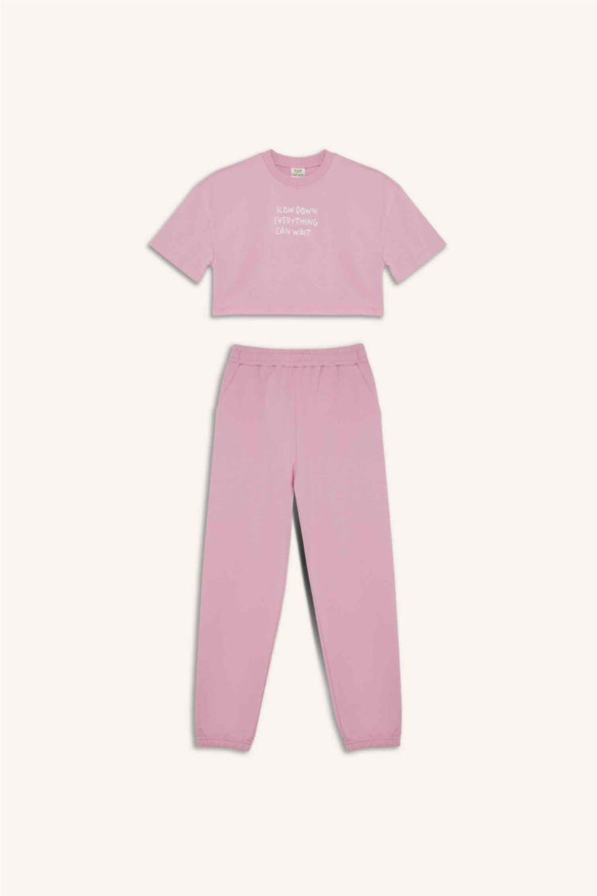 Kız Çocuk - Genç Kız Pembe 2'li Takım Baskılı Kısa Kollu Tişört Beli Lastikli Eşofman Altı Kız Çocuk