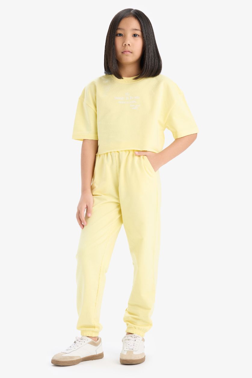 GIRLS & TEENS Light Yellow Girl Crew Neck Printed T-Shirt Sweatpants 2 Piece Set