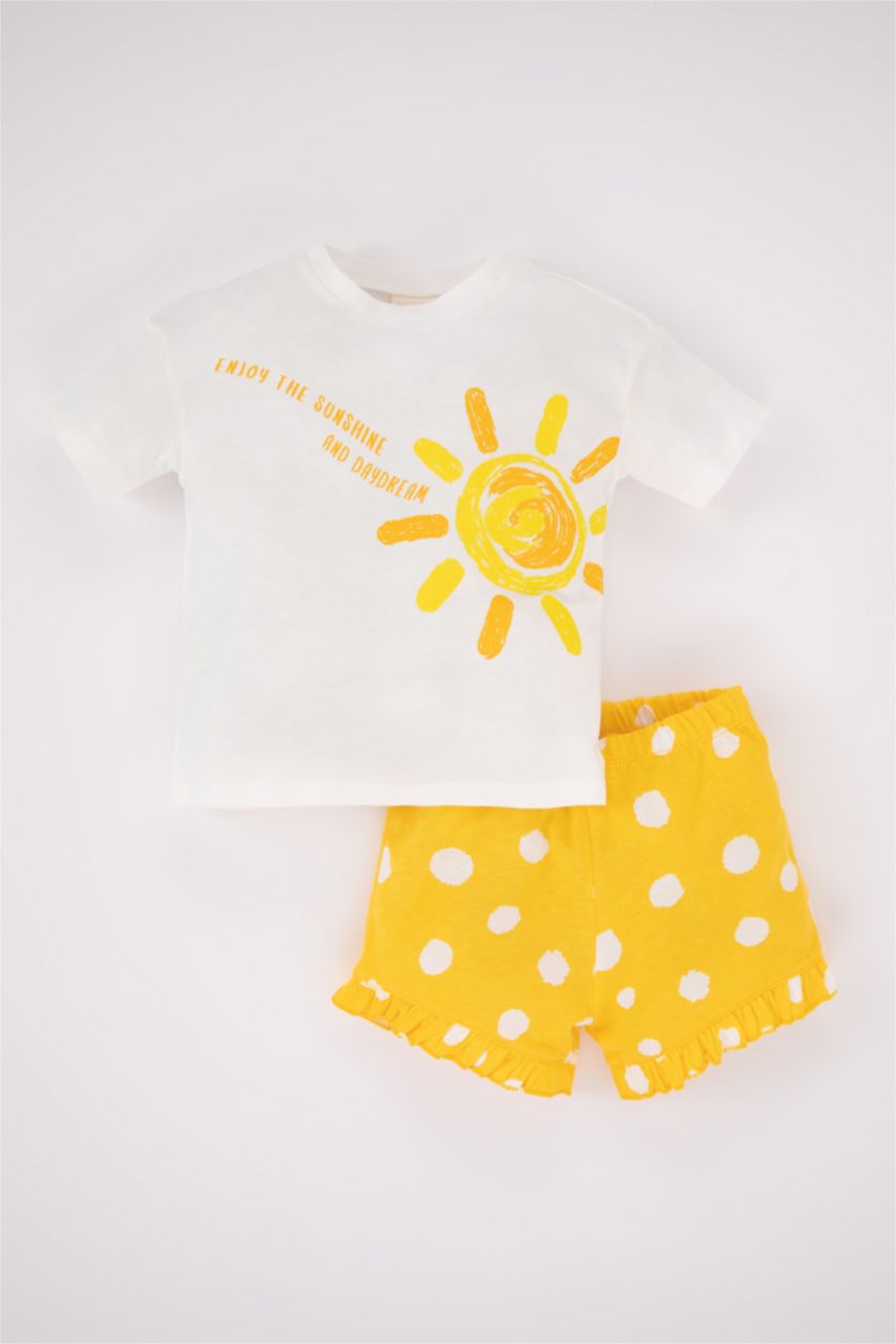 طفلة صغيرة أصفر طقم بناتي منقط بياقة مستديرة - قطعتين