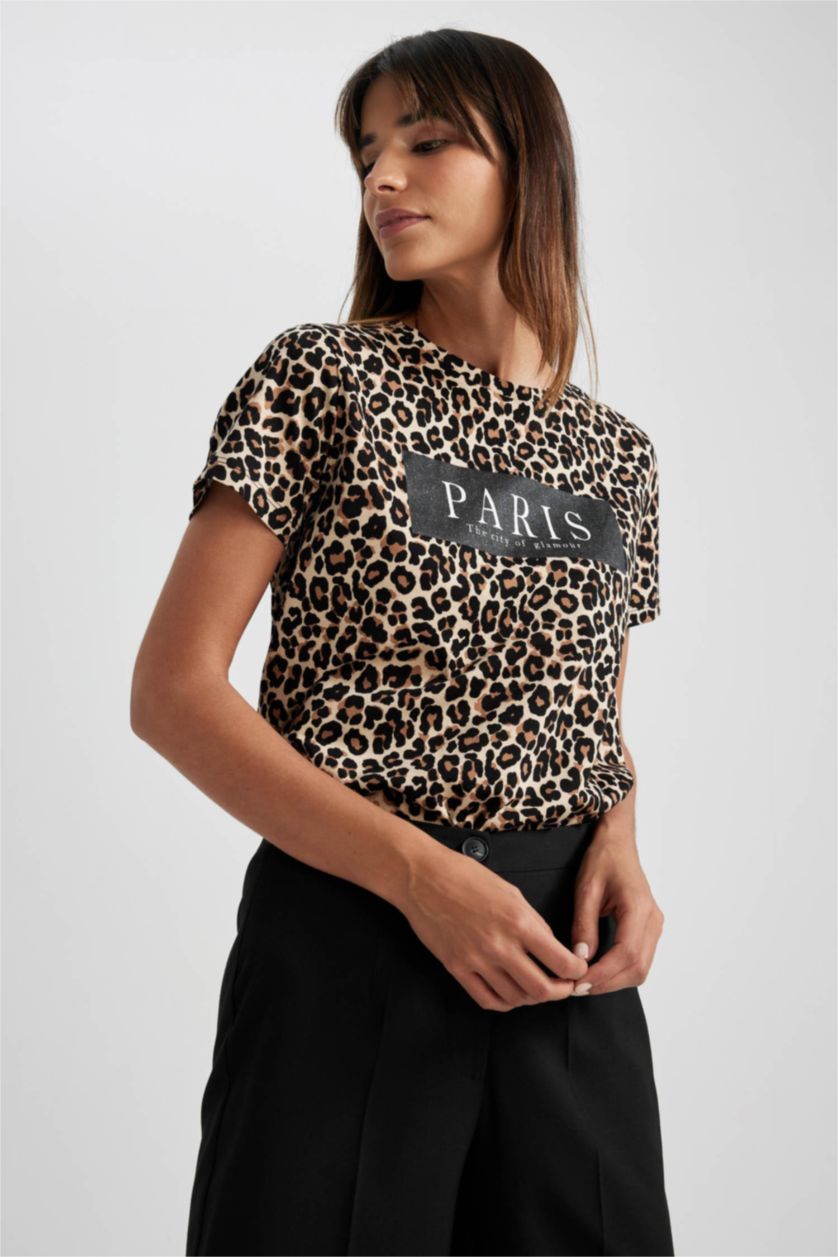 نساء فيزوني داكن تيشيرت قطن بطباعة الحيوانات قصة عادية