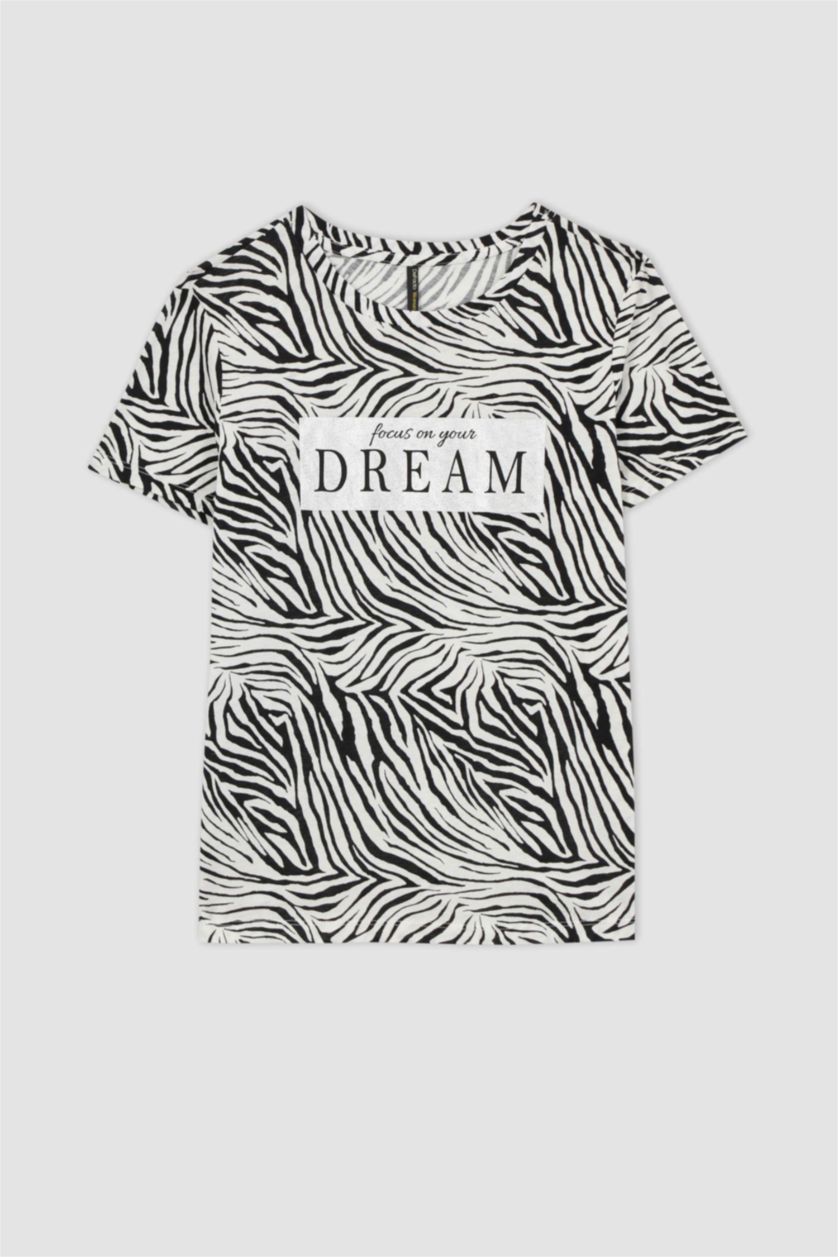 نساء أسود تيشيرت قطن بطباعة الحيوانات قصة عادية