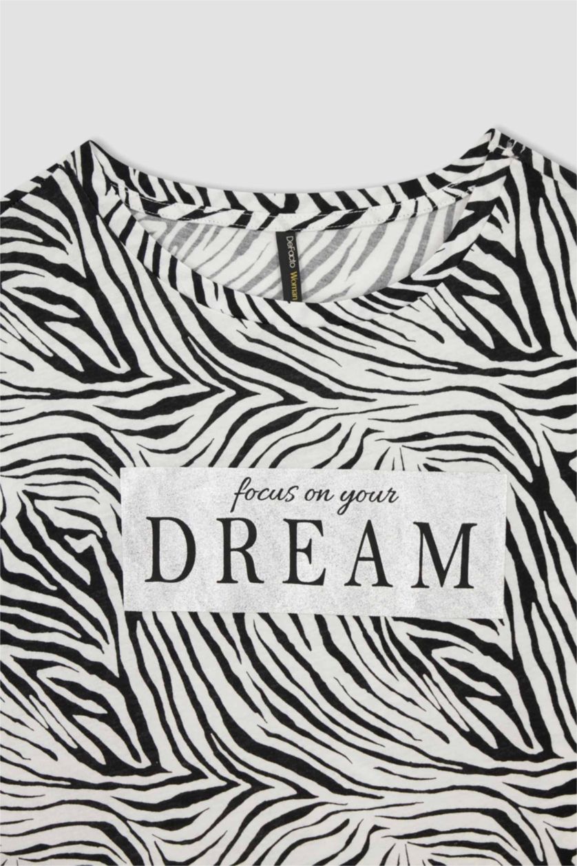 نساء أسود تيشيرت قطن بطباعة الحيوانات قصة عادية