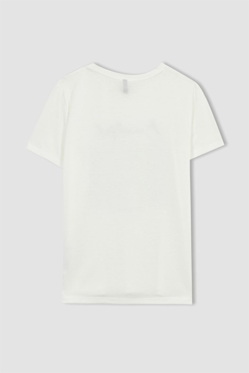 نساء بيج فاتح تيشيرت قطن قصة عادية برقبة مستديرة