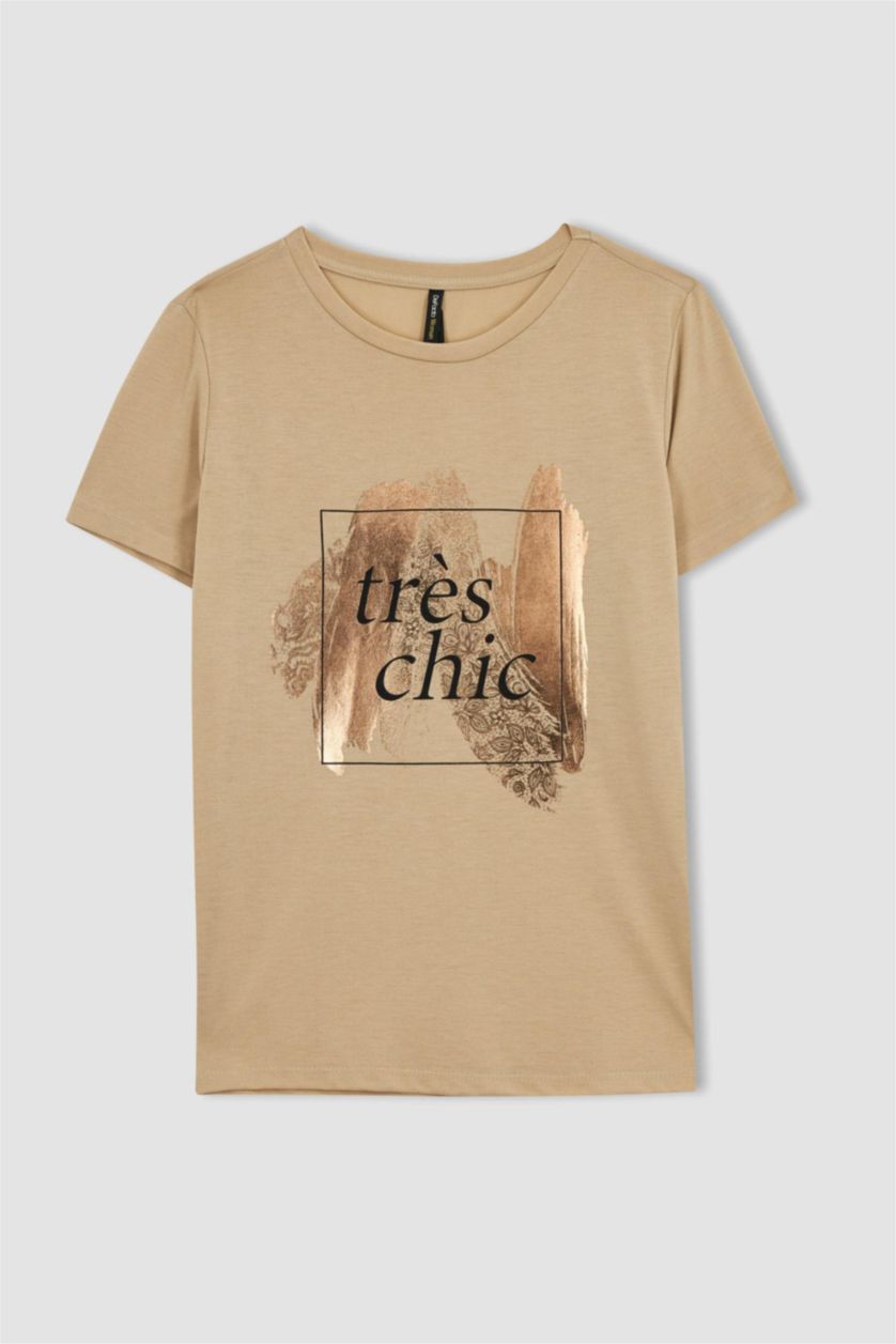 حريمي فيزوني داكن تي شيرت مطبوع بياقة مستديرة وقصة عادية