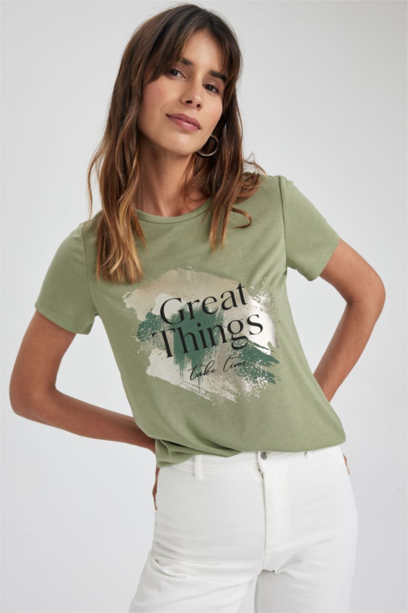 FEMME Kaki T-Shirt À Manches Courtes Coupe Régulière Imprimé Col Ras Du Cou