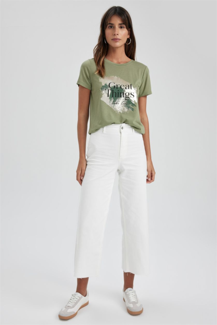 FEMME Kaki T-Shirt À Manches Courtes Coupe Régulière Imprimé Col Ras Du Cou