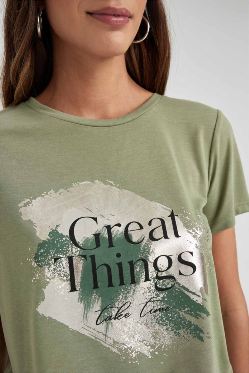 FEMME Kaki T-Shirt À Manches Courtes Coupe Régulière Imprimé Col Ras Du Cou