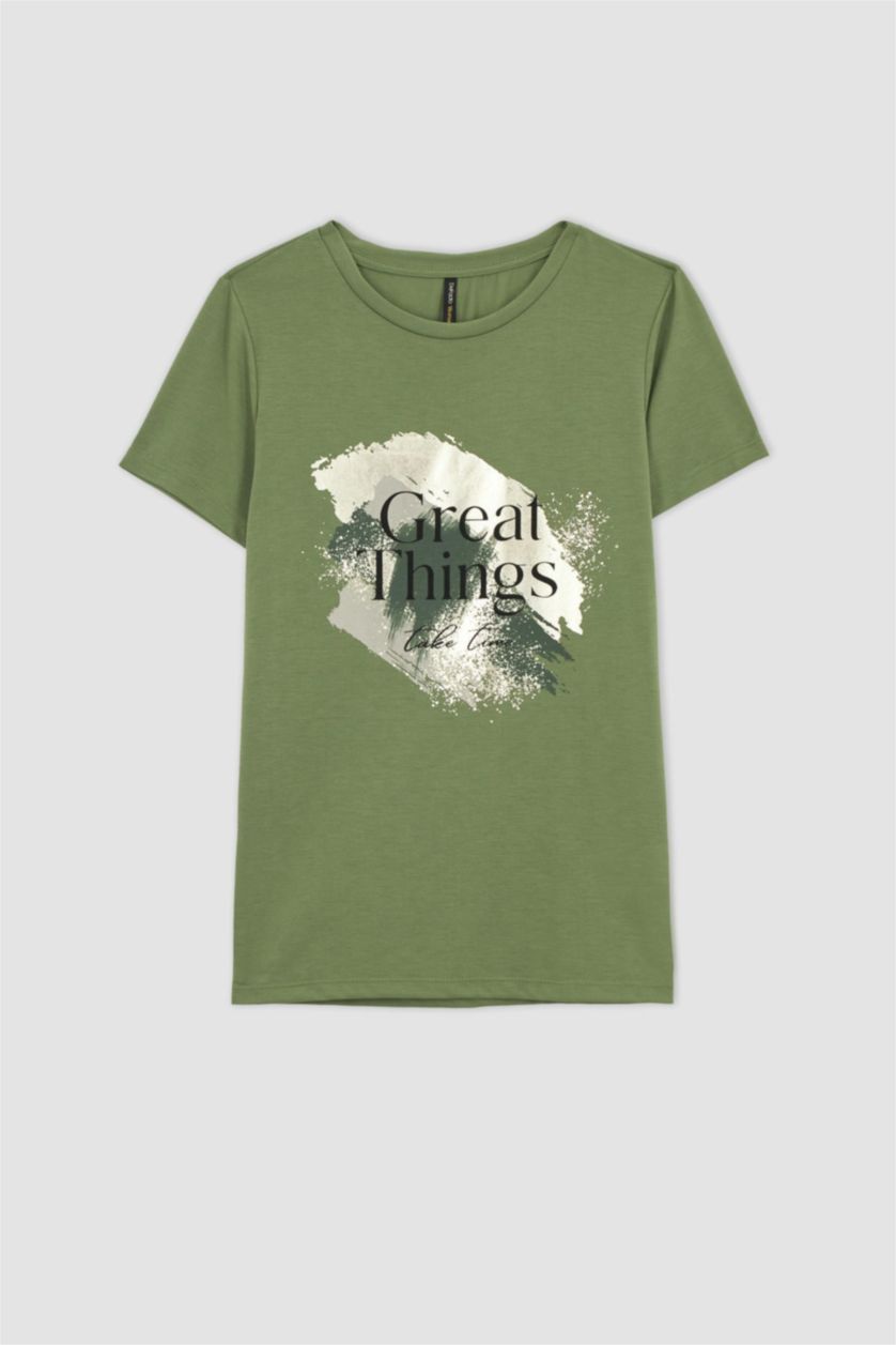 FEMME Kaki T-Shirt À Manches Courtes Coupe Régulière Imprimé Col Ras Du Cou