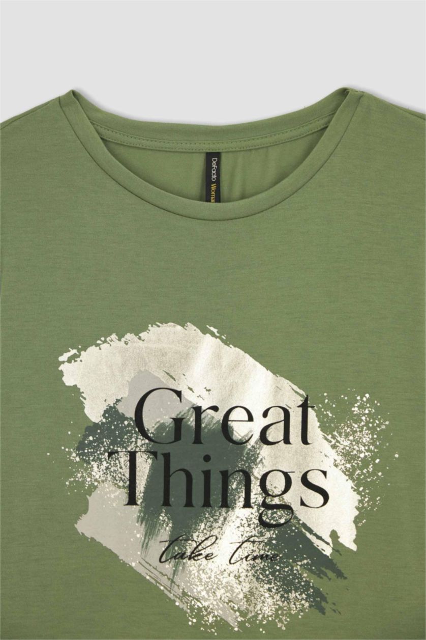 FEMME Kaki T-Shirt À Manches Courtes Coupe Régulière Imprimé Col Ras Du Cou