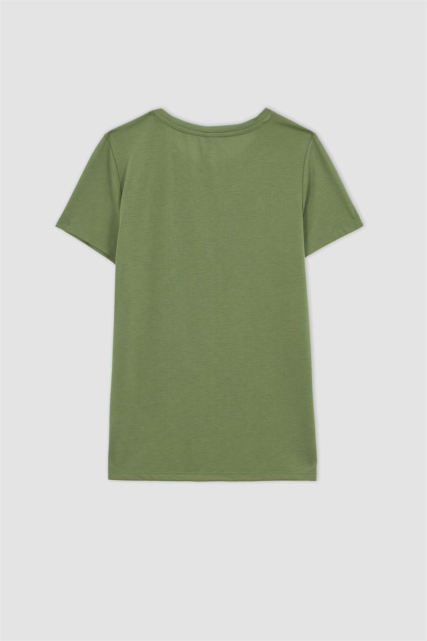 FEMME Kaki T-Shirt À Manches Courtes Coupe Régulière Imprimé Col Ras Du Cou