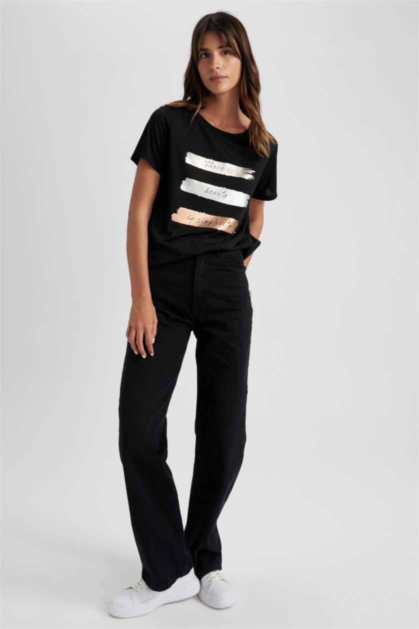 نساء أسود تيشيرت مطبوع قصة عادية برقبة مستديرة