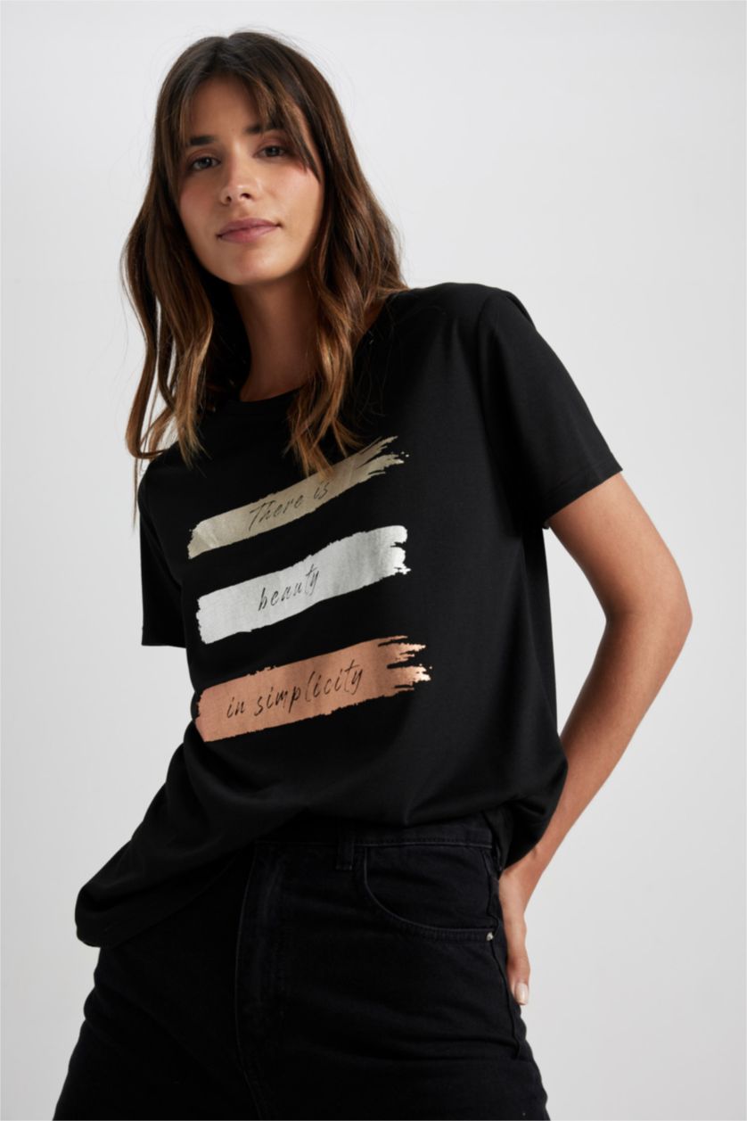 نساء أسود تيشيرت مطبوع قصة عادية برقبة مستديرة