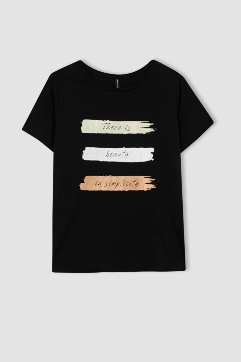 نساء أسود تيشيرت مطبوع قصة عادية برقبة مستديرة