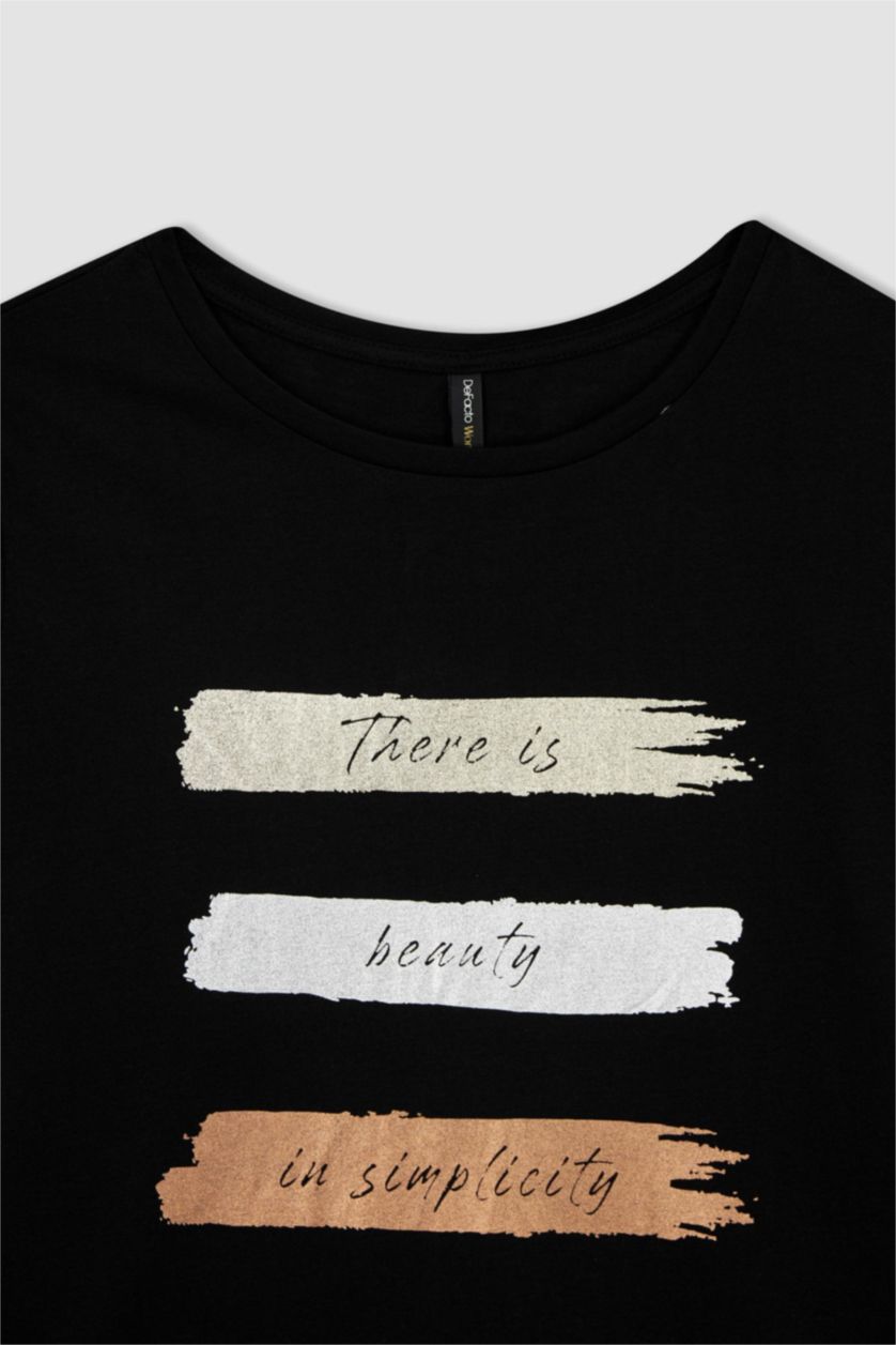 نساء أسود تيشيرت مطبوع قصة عادية برقبة مستديرة