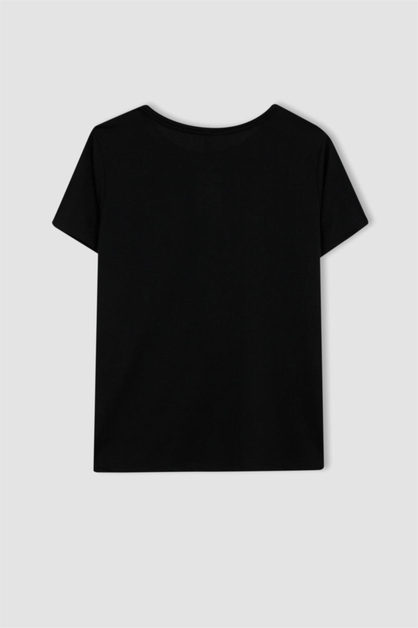 نساء أسود تيشيرت مطبوع قصة عادية برقبة مستديرة