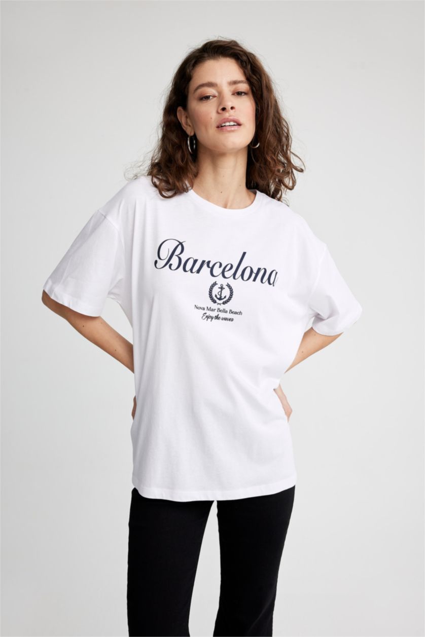 FEMME Blanc T-shirt Oversize imprimé en coton à col rond