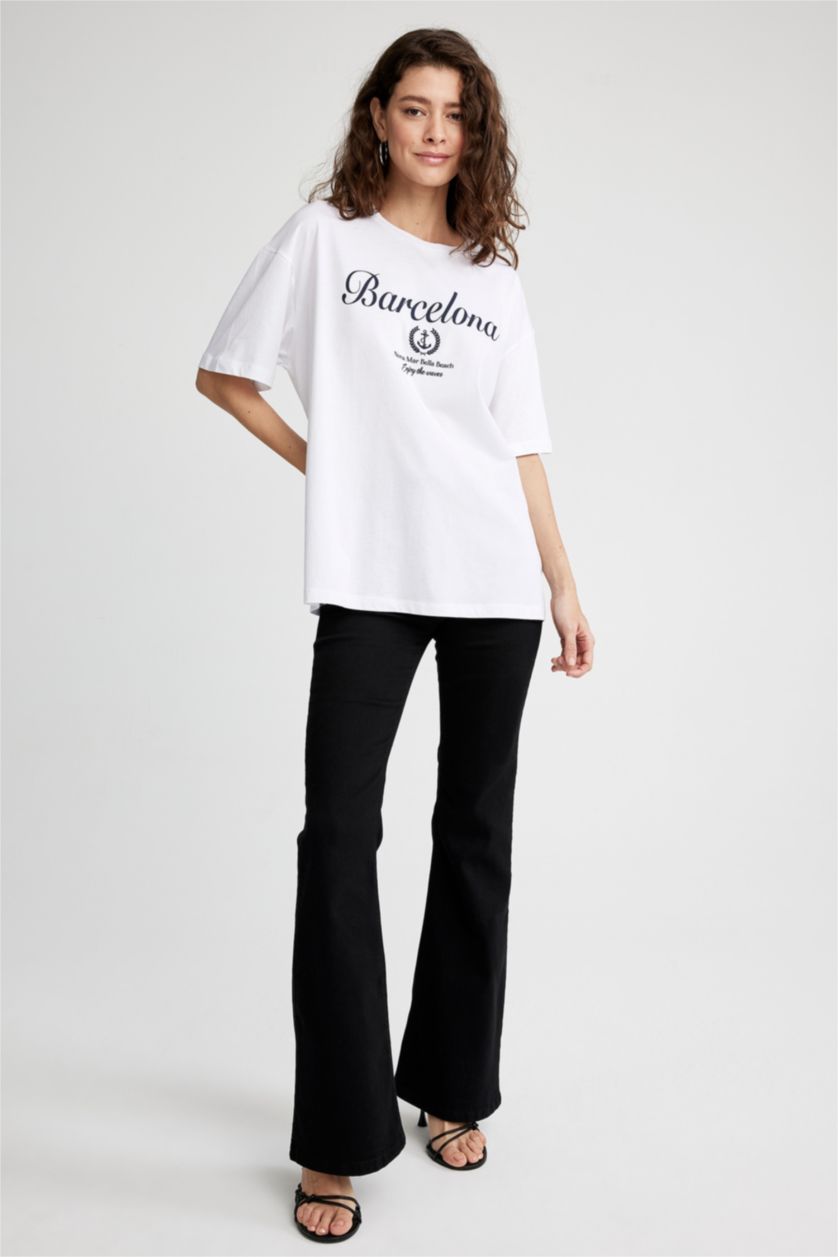 FEMME Blanc T-shirt Oversize imprimé en coton à col rond