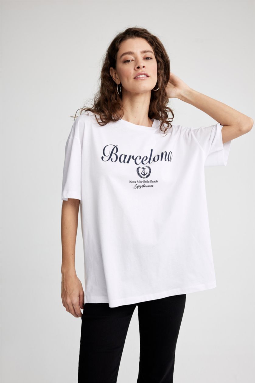 FEMME Blanc T-shirt Oversize imprimé en coton à col rond