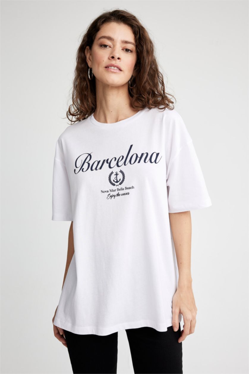 FEMME Blanc T-shirt Oversize imprimé en coton à col rond