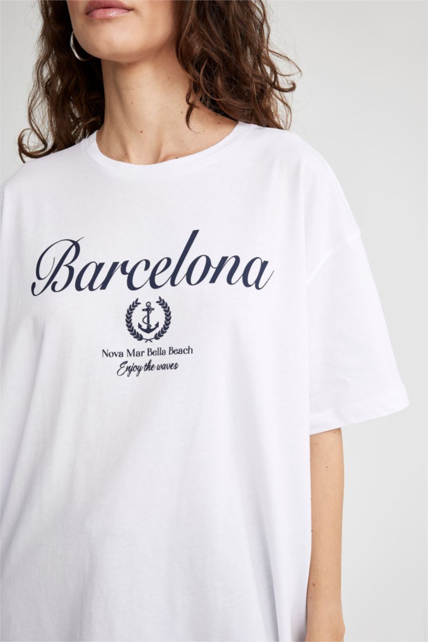 FEMME Blanc T-shirt Oversize imprimé en coton à col rond