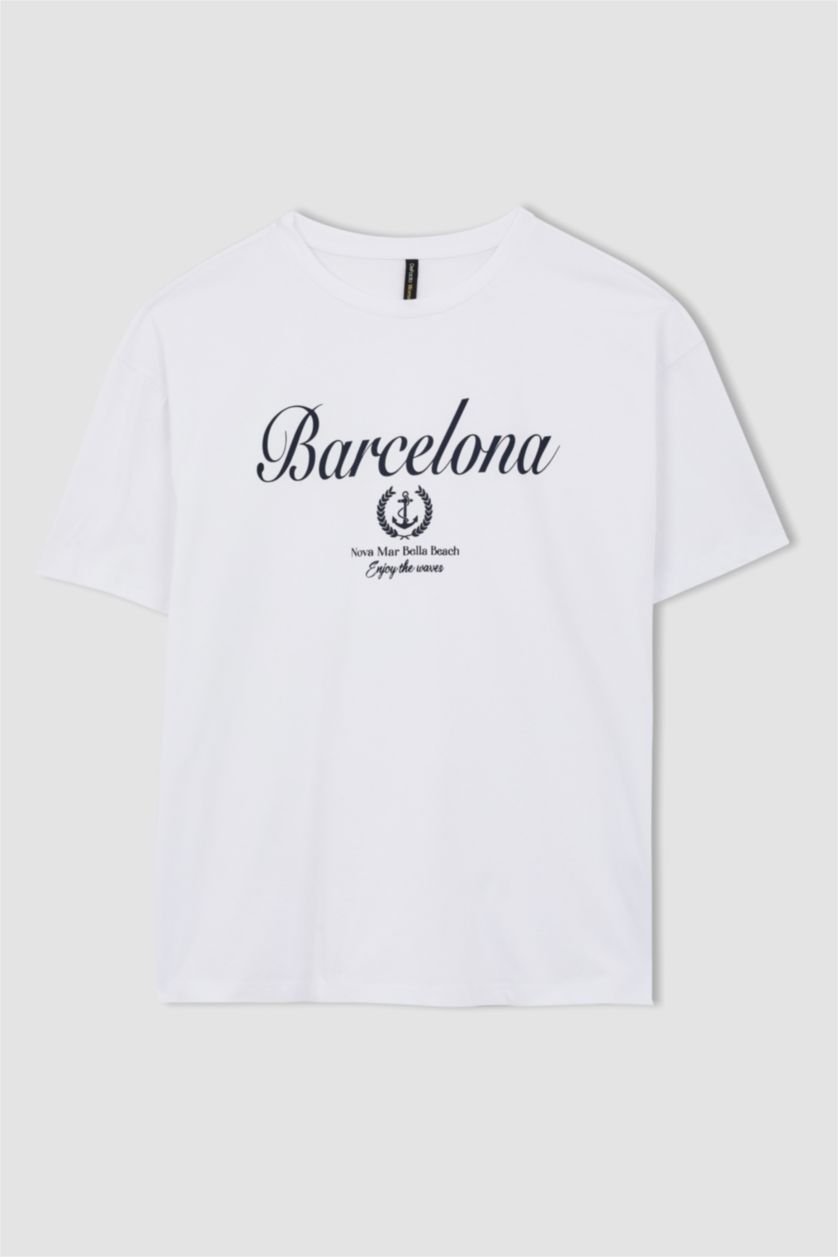 FEMME Blanc T-shirt Oversize imprimé en coton à col rond