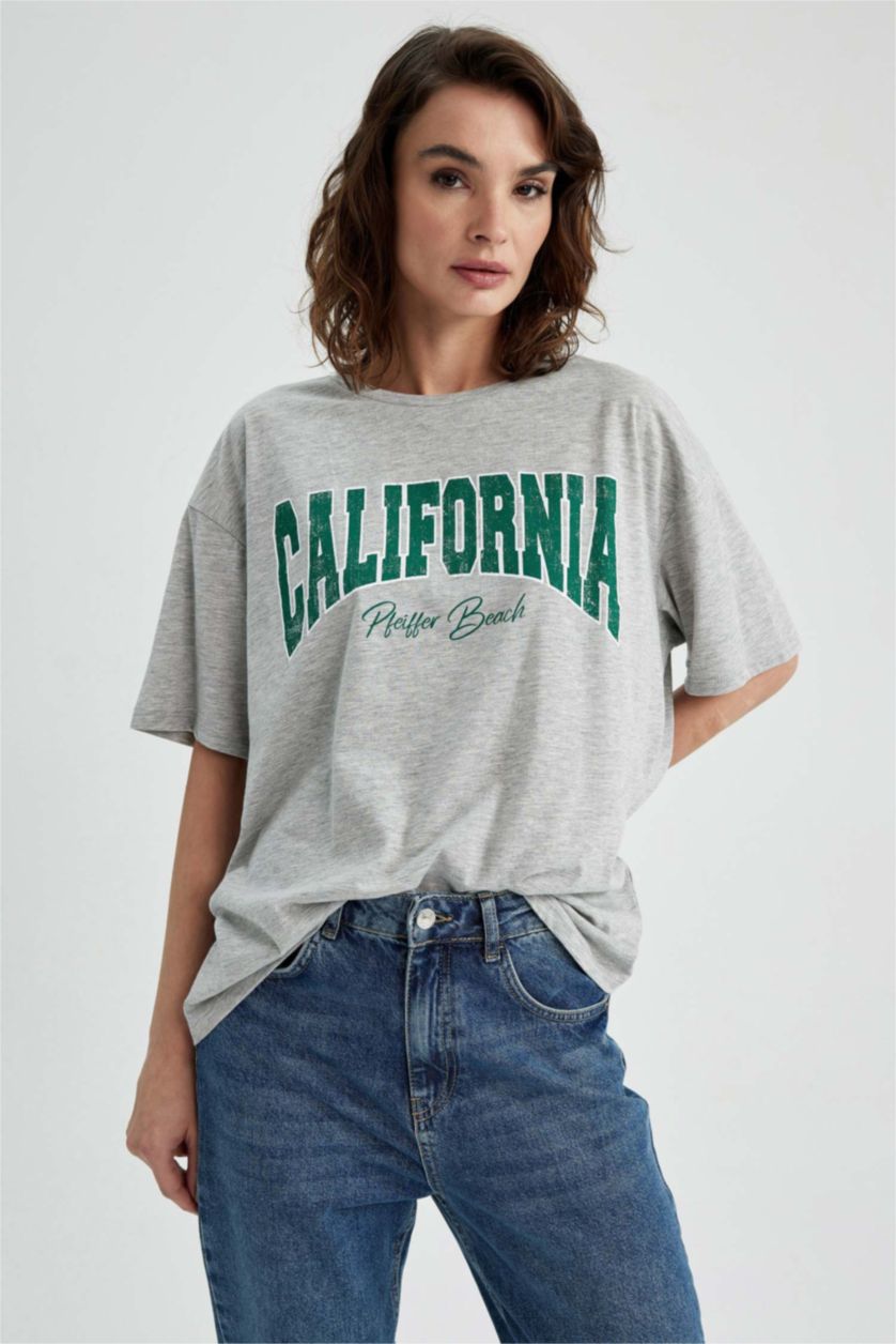 WOMAN Grey Melange Oversize Fit Crew Neck Printed Short Sleeve T-Shirt