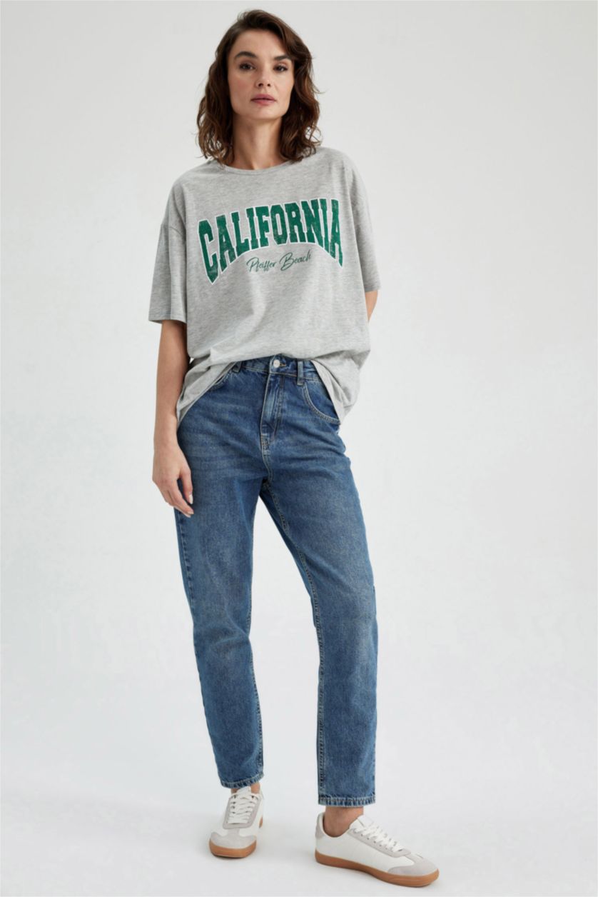 WOMAN Grey Melange Oversize Fit Crew Neck Printed Short Sleeve T-Shirt