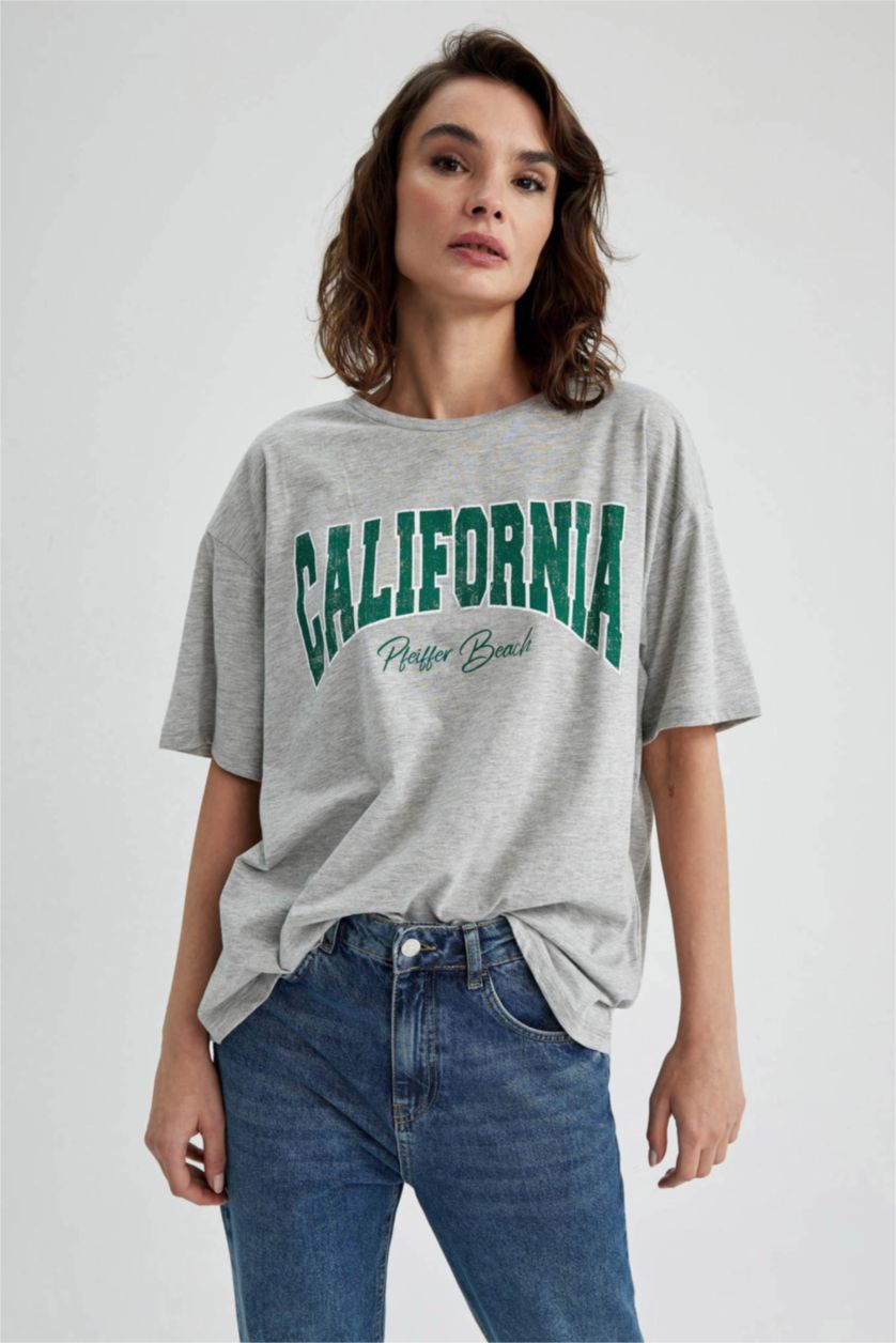 WOMAN Grey Melange Oversize Fit Crew Neck Printed Short Sleeve T-Shirt