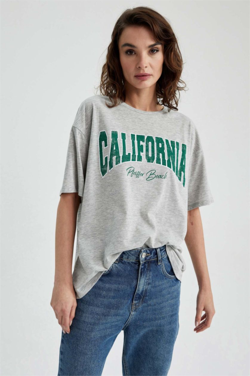 WOMAN Grey Melange Oversize Fit Crew Neck Printed Short Sleeve T-Shirt