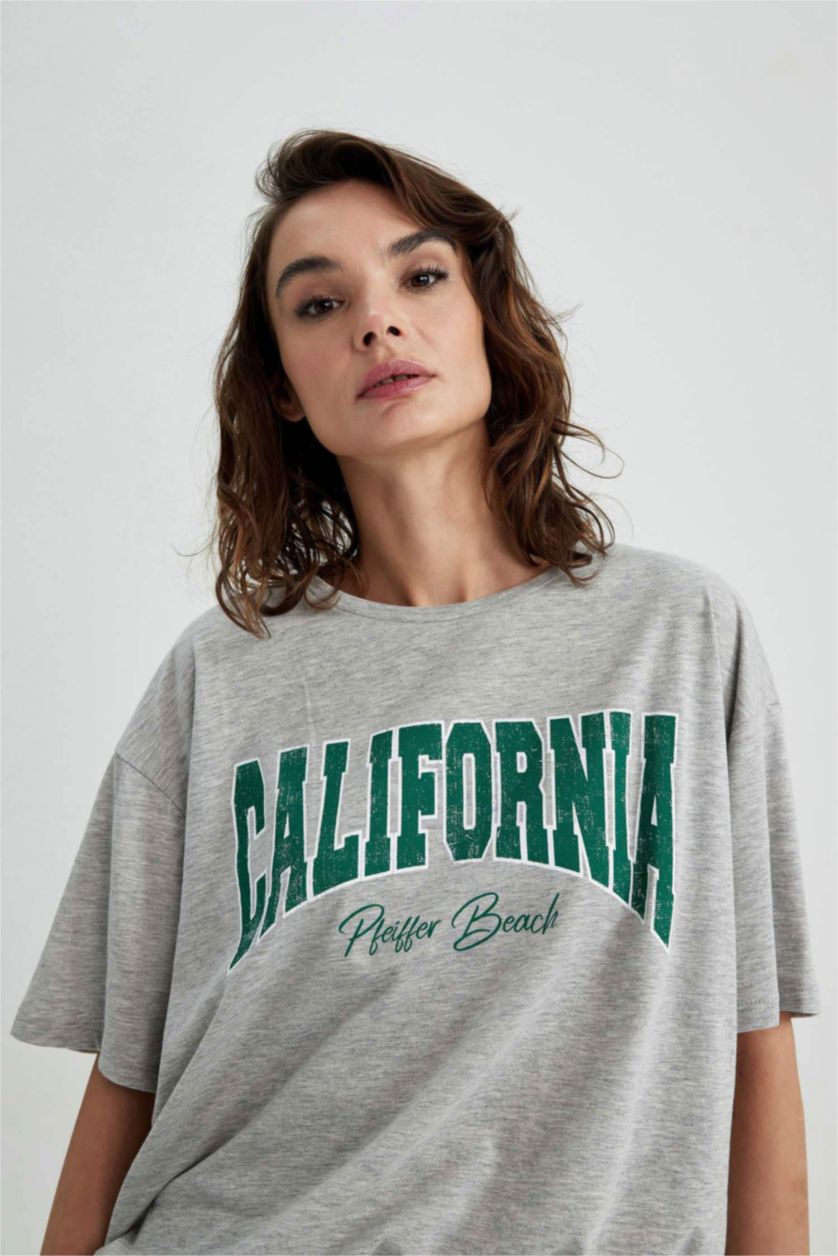 WOMAN Grey Melange Oversize Fit Crew Neck Printed Short Sleeve T-Shirt