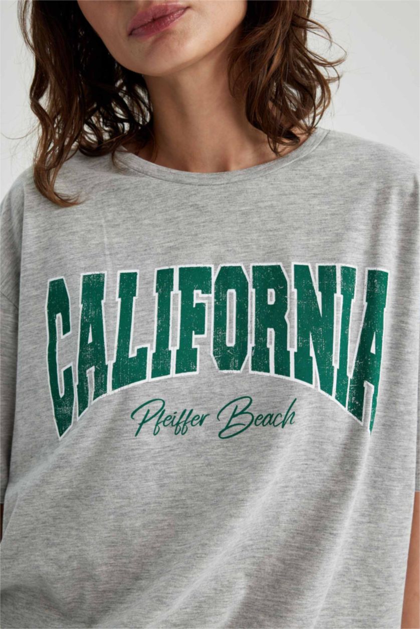 WOMAN Grey Melange Oversize Fit Crew Neck Printed Short Sleeve T-Shirt