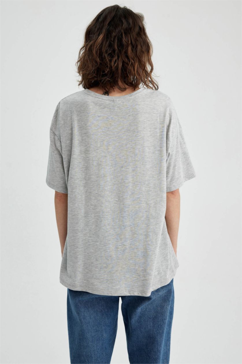 WOMAN Grey Melange Oversize Fit Crew Neck Printed Short Sleeve T-Shirt