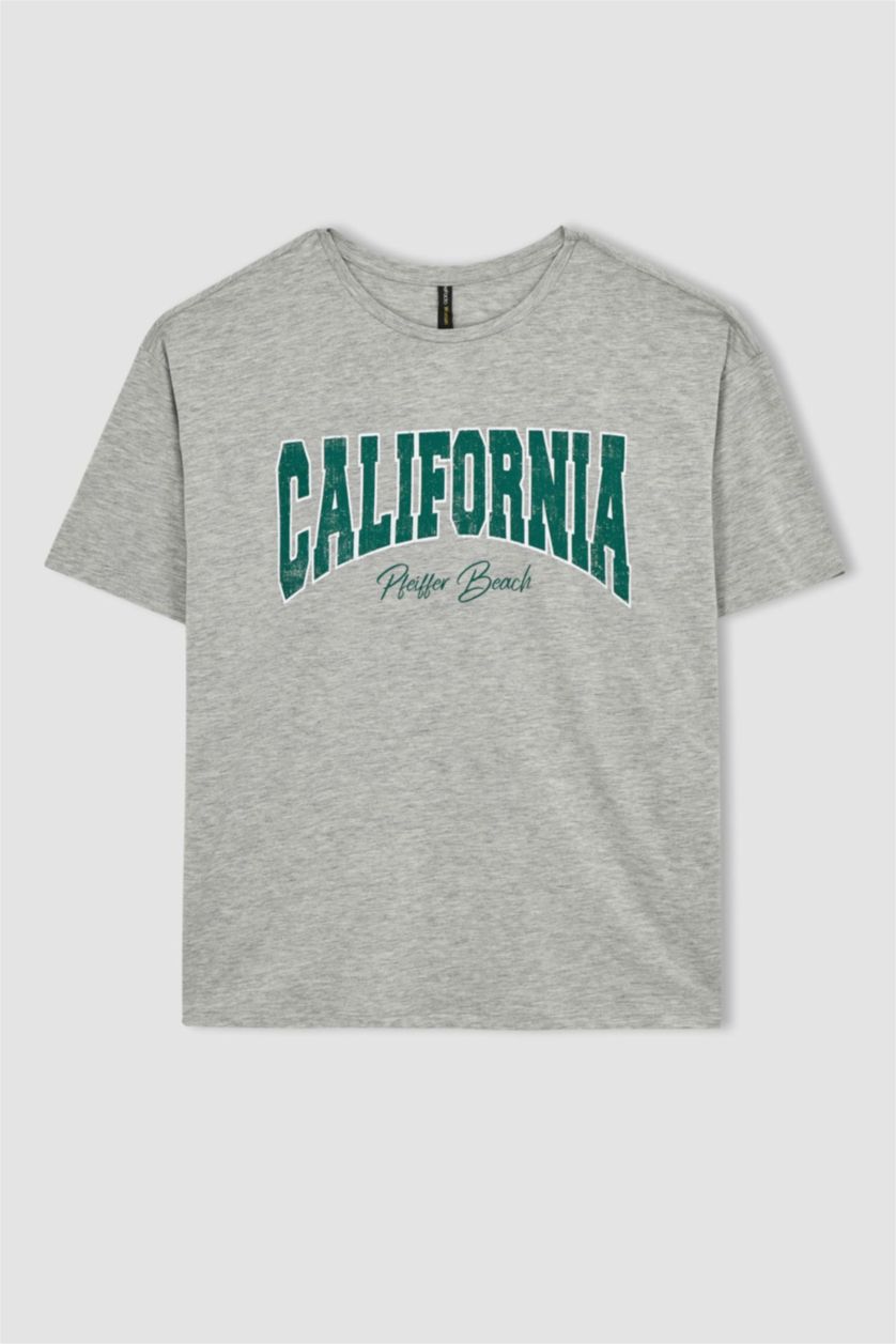 WOMAN Grey Melange Oversize Fit Crew Neck Printed Short Sleeve T-Shirt