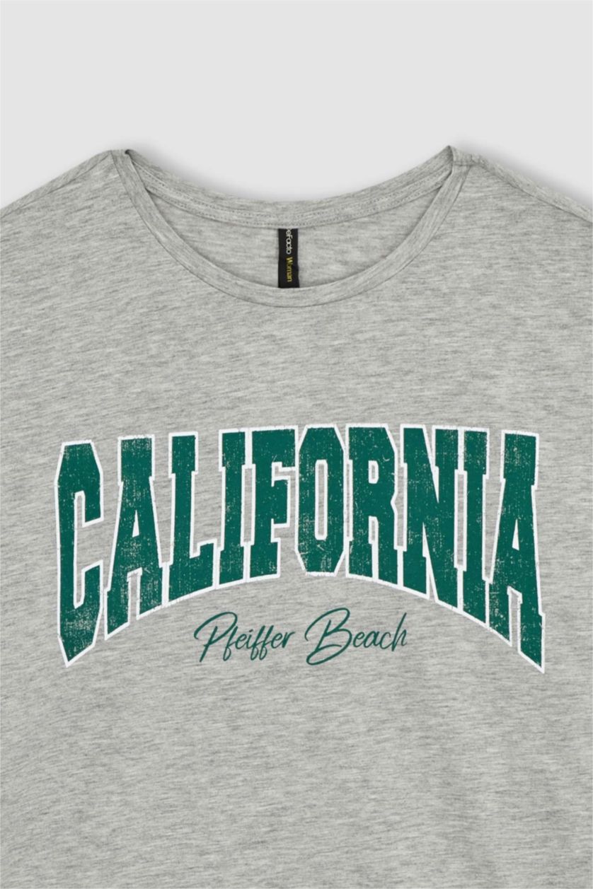 WOMAN Grey Melange Oversize Fit Crew Neck Printed Short Sleeve T-Shirt