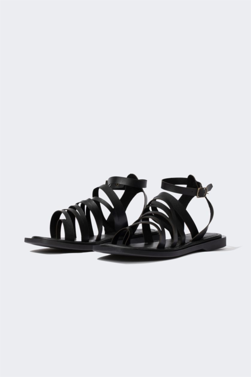 نساء أسود صندل نسائي بكعب مسطح