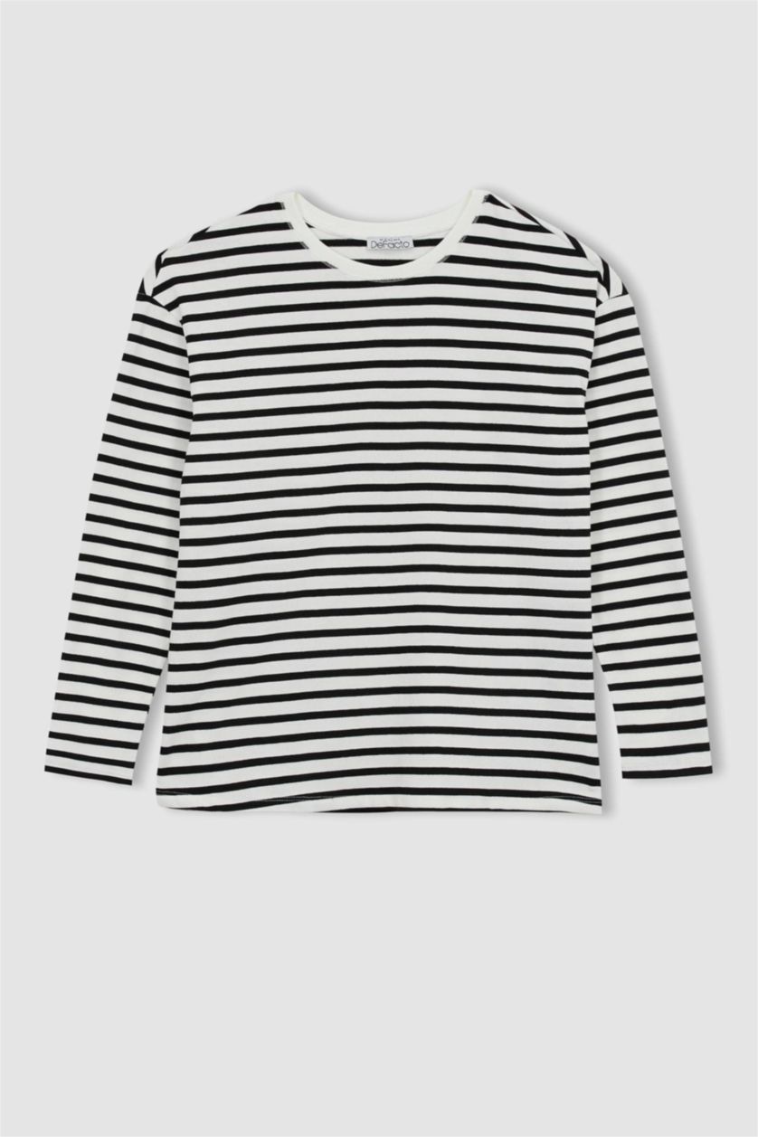 حريمي أبيض سويت شيرت مخطط حمل برقبة مستديرة