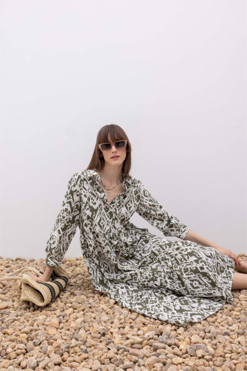 نساء كاكي فستان ماكسي قصير الأكمام بياقة قميص