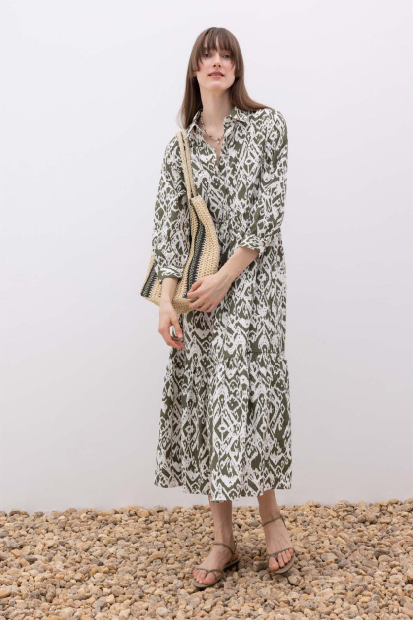 نساء كاكي فستان ماكسي قصير الأكمام بياقة قميص