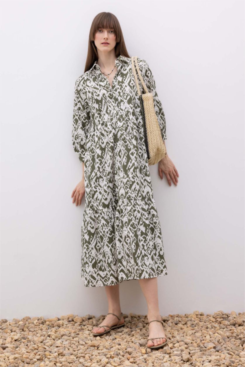 نساء كاكي فستان ماكسي قصير الأكمام بياقة قميص