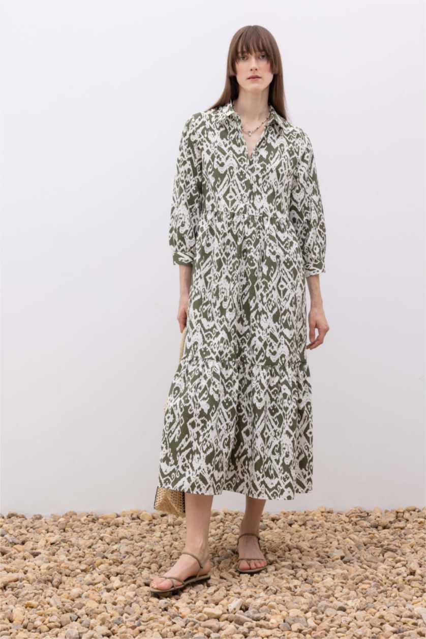 نساء كاكي فستان ماكسي قصير الأكمام بياقة قميص