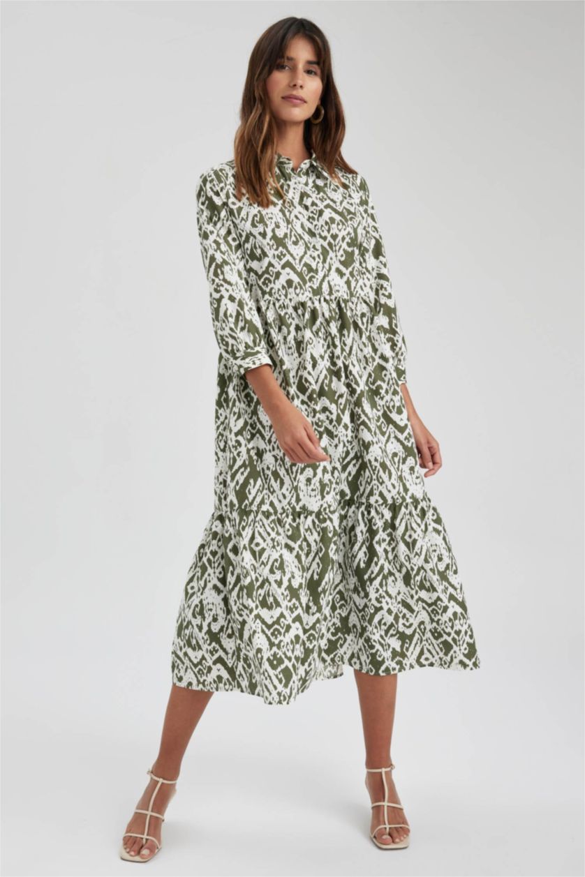 نساء كاكي فستان ماكسي قصير الأكمام بياقة قميص