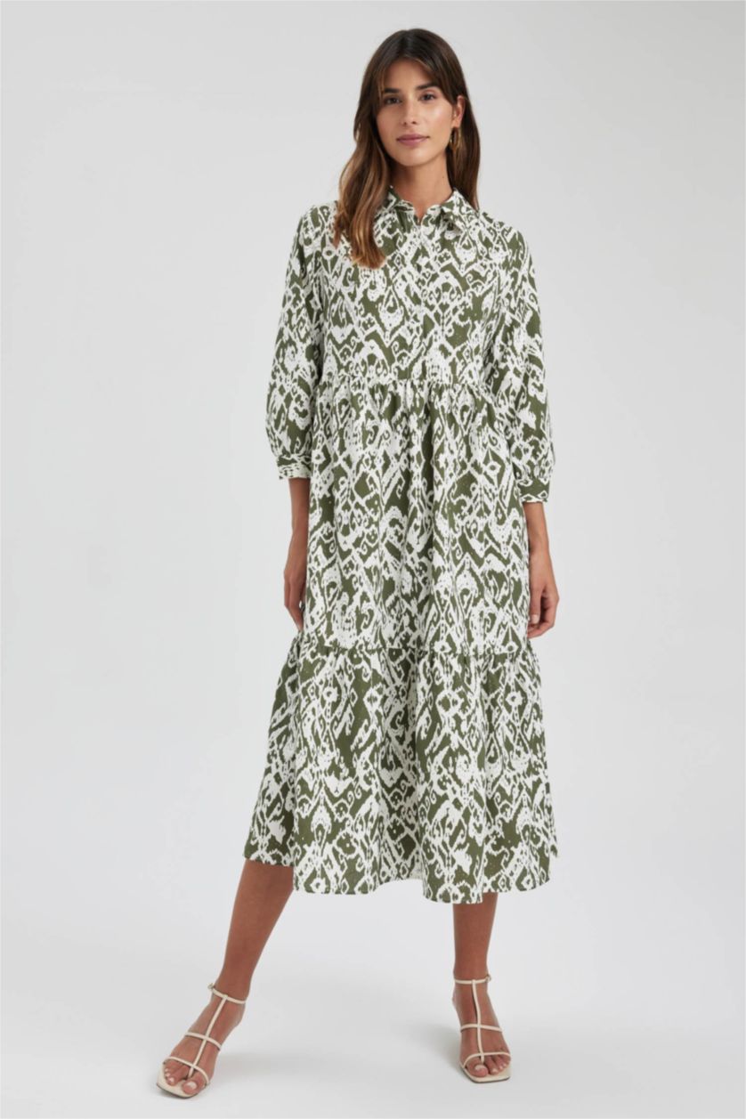 نساء كاكي فستان ماكسي قصير الأكمام بياقة قميص