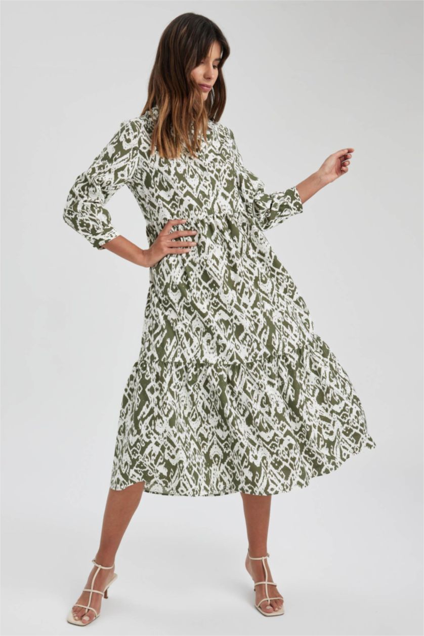 نساء كاكي فستان ماكسي قصير الأكمام بياقة قميص