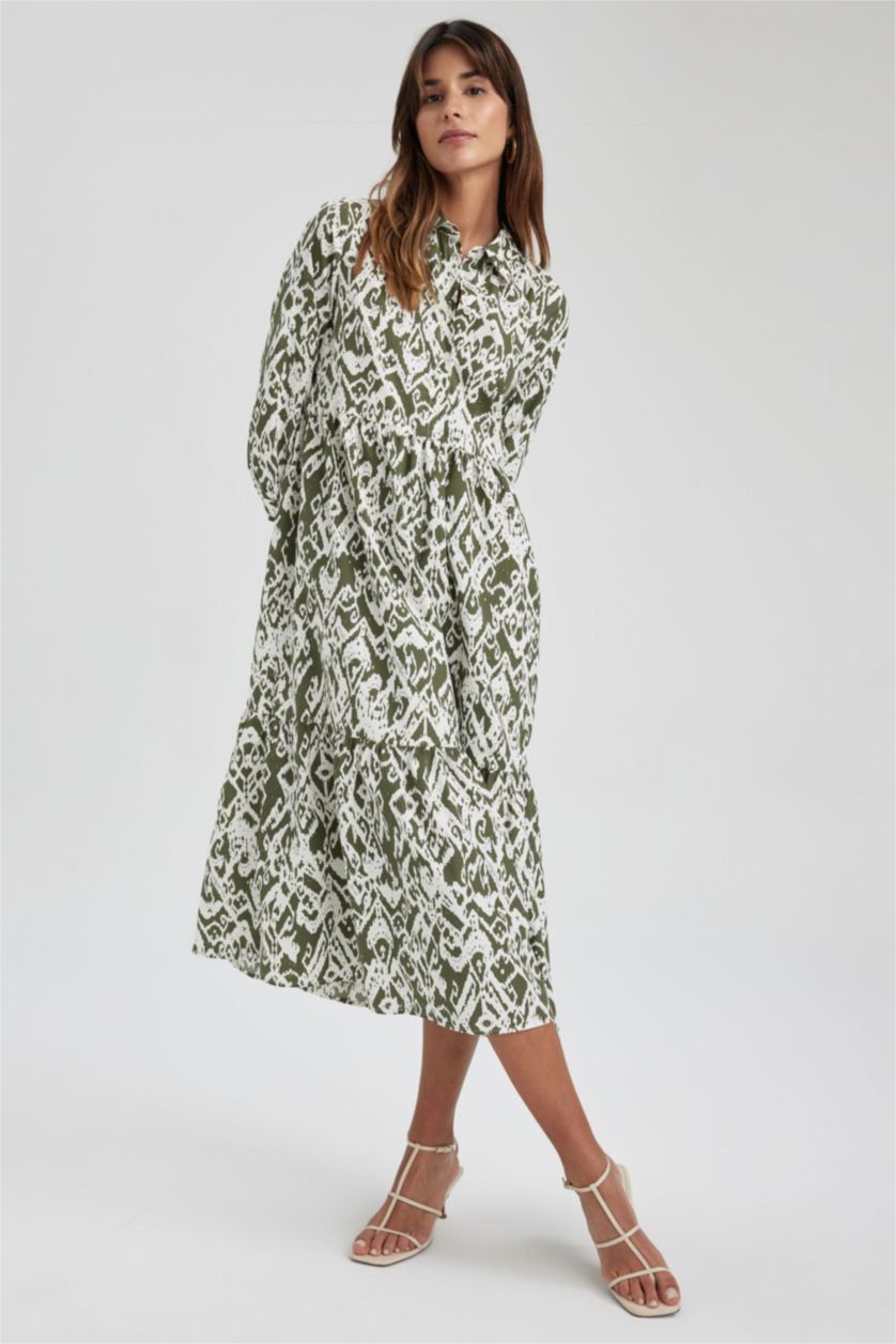 نساء كاكي فستان ماكسي قصير الأكمام بياقة قميص