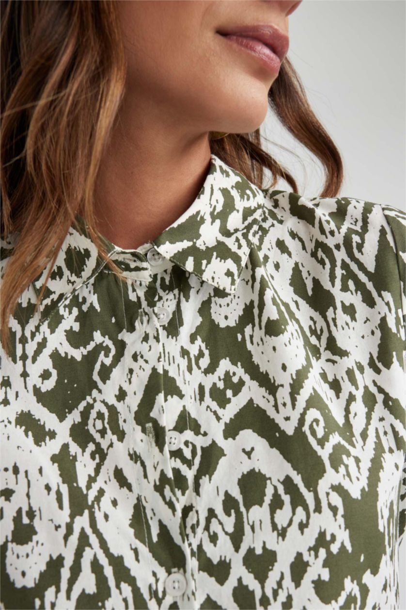 نساء كاكي فستان ماكسي قصير الأكمام بياقة قميص