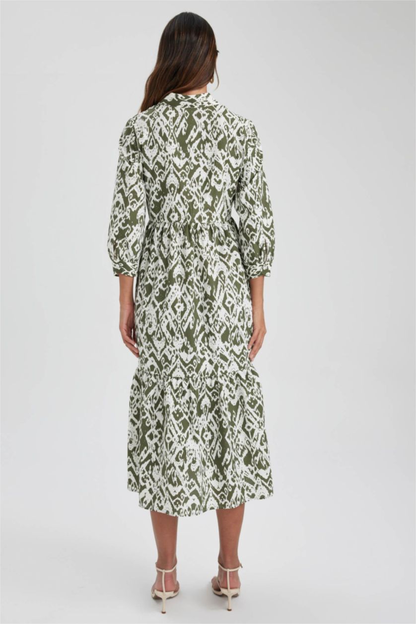 نساء كاكي فستان ماكسي قصير الأكمام بياقة قميص