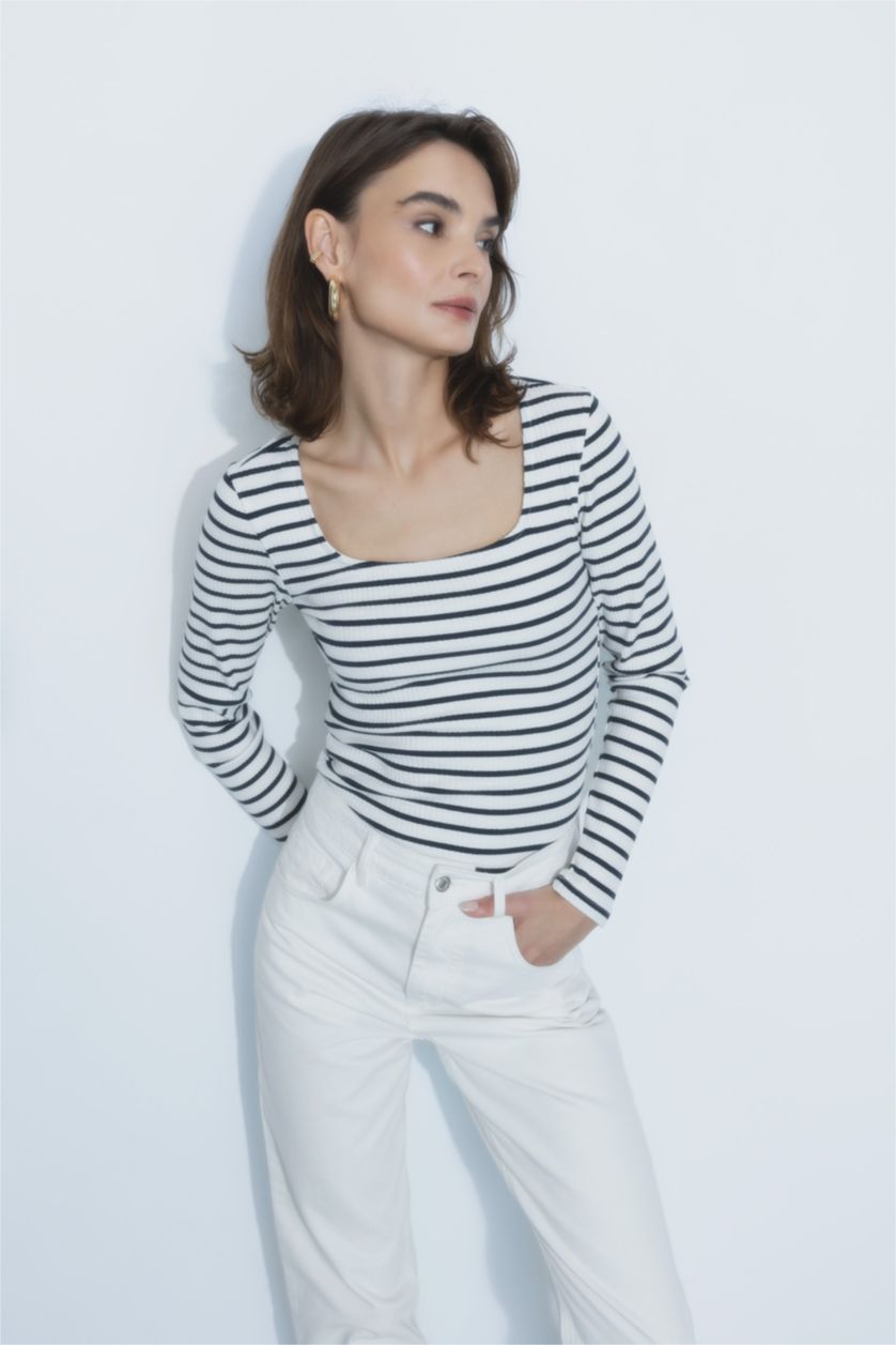 WOMAN Ecru Fitted Square Collar Striped Long Sleeve T-Shirt