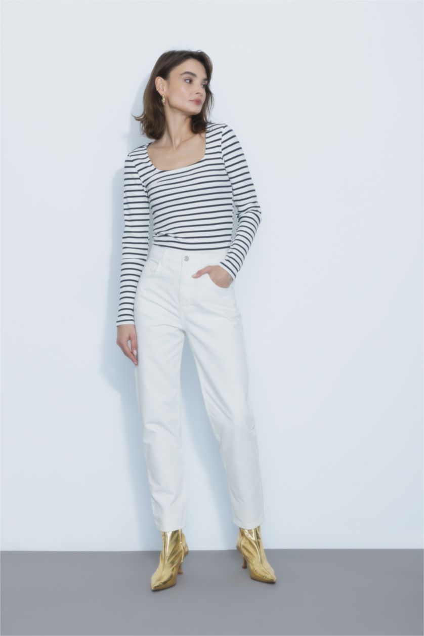 WOMAN Ecru Fitted Square Collar Striped Long Sleeve T-Shirt